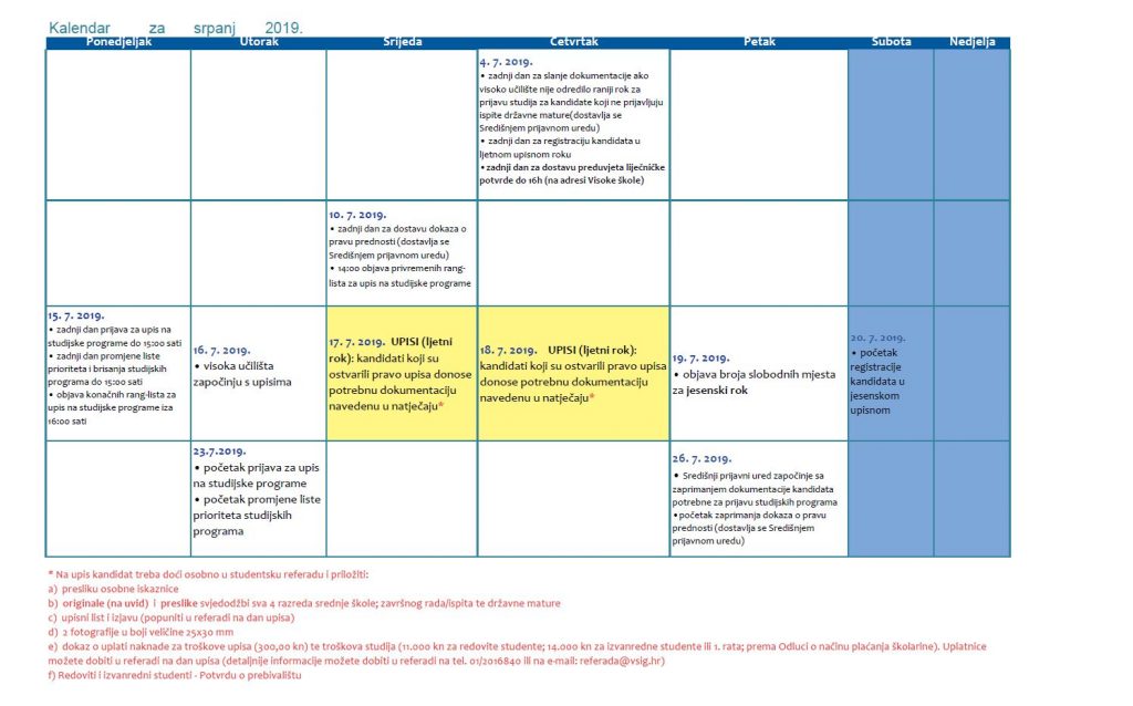 kalendar srpanj 2019