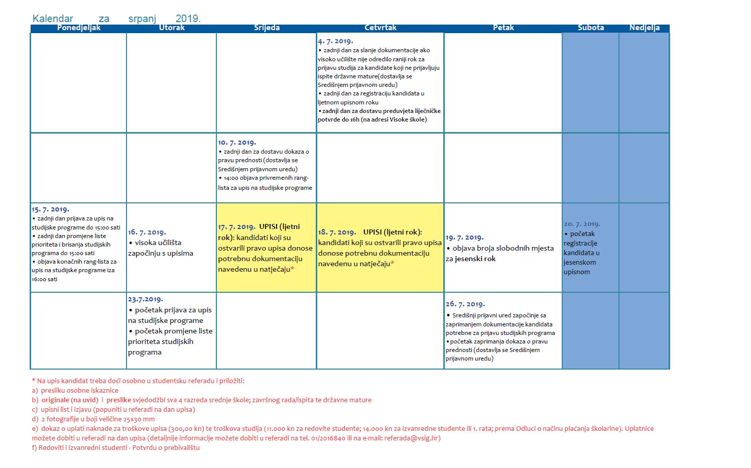 kalendar srpanj 2019